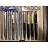 TRAY OF PARKER BALLPOINT PENS AND A PROPELLING PENCIL - VARIOUS METALLIC FINISHES