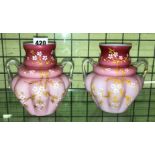 PAIR OF BURMESE GLASS RIBBED SQUAT VASES WITH PAINTED AND GILDED DECORATION ,