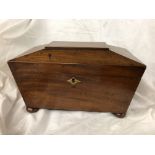 REGENCY PERIOD MAHOGANY SARCOPHAGUS TEA CADDY ON BUN FEET 30CM DIAM