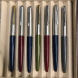 SEVEN PARKER 51 FOUNTAIN PENS - THREE BLUE, TWO RED,