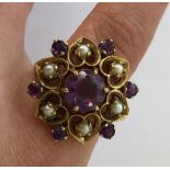 LADIES 9CT GOLD AMETHYST AND SEED PEARL DRESS RING SIZE L 6.