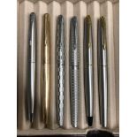 SIX PARKER 51 FOUNTAIN PENS - ROLLED GOLD, SILVER, HARLEQUIN,