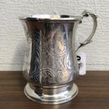 SILVER CHRISTENING MUG WITH LEAF CAPPED C SCROLL HANDLE - ENGRAVED DECORATION,
