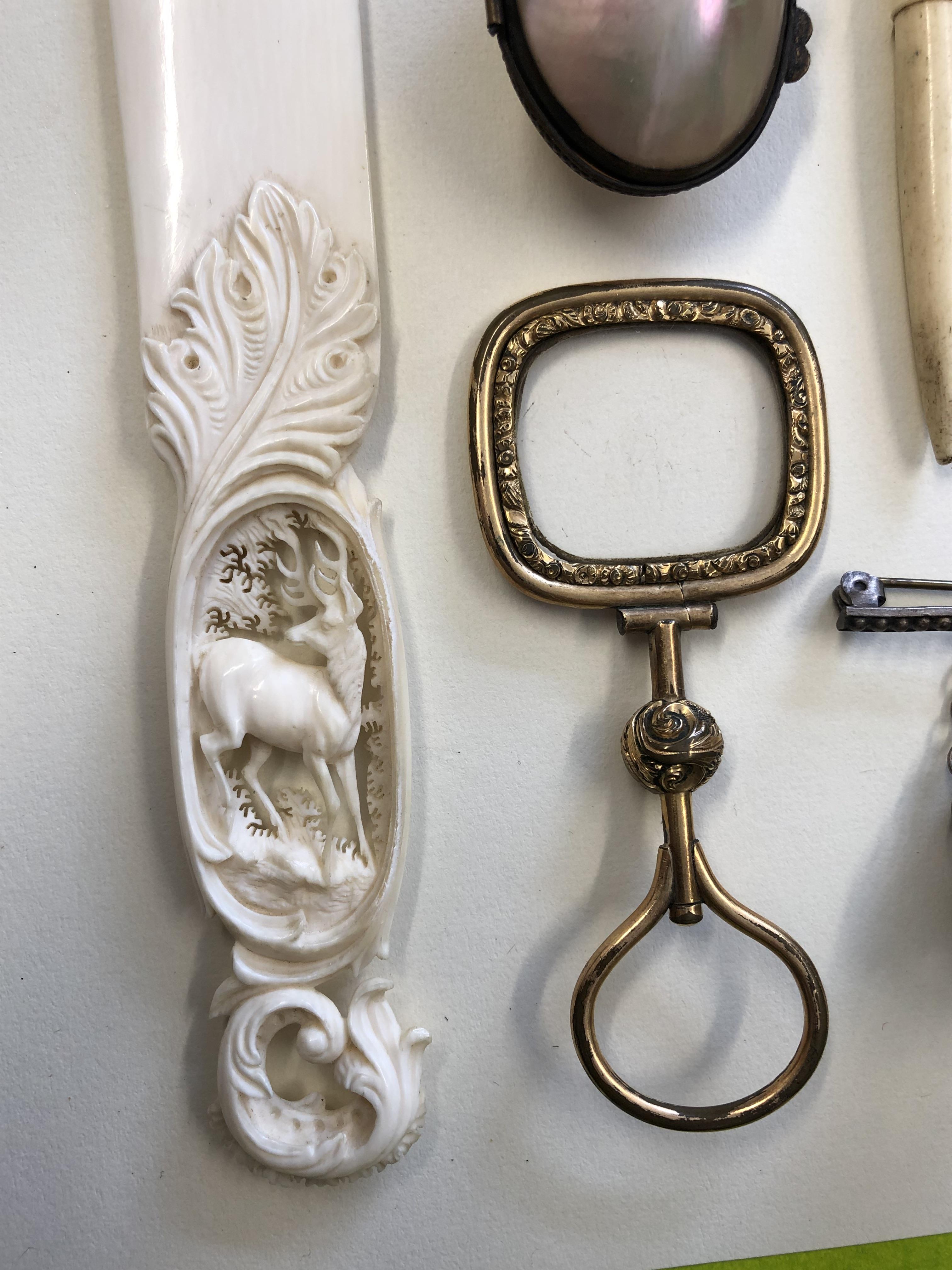 19TH CENTURY IVORY LETTER OPENER WITH STAG IN CAMEO HANDLE, MINIATURE BONE BINOCULARS, - Image 3 of 7