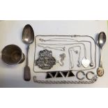 SILVER TAPERED BEAKER, SPOONS, EARRINGS,