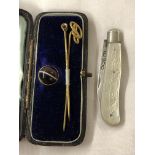 SILVER BLADED MOTHER OF PEARL MINIATURE POCKET KNIFE AND CASED YELLOW METAL STICK PINS