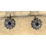 PAIR OF 9CT WHITE GOLD SAPPHIRE AND DIAMOND CLUSTER EARRINGS WITH SCREW BACK FITTINGS