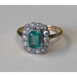 18CT YELLOW GOLD AND PLAT EMERALD AND DIAMOND CLUSTER ART DECO STYLE RING 2.
