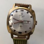 GENTS VINTAGE GOLD PLATED LINGS 21 PRIX DAY DATE AUTOMATIC WRIST WATCH ON STRAP