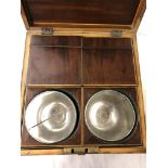 19TH CENTURY MAHOGANY BOX LINE EDGED SQUARE TEA CADDY ENCLOSING TWO CANNISTERS AND TWO MIXING BOWLS