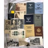 WWII DEUTSCHES REICH LEATHER PASS CASE, PICTURE POSTCARDS AND GERMAN POSTAGE 1ST DAY COVERS,