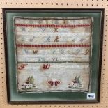 NEEDLEWORK SAMPLER PANEL WORKED BY JENNY WILDMAN 1877 AGED 8 F/G 29CM W X 29CM H APPROX