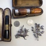 SILVER DRAGON BROOCH, TWO 3D BITS, CASED SILVER MOUNTED AMBER CHEROOT HOLDER,