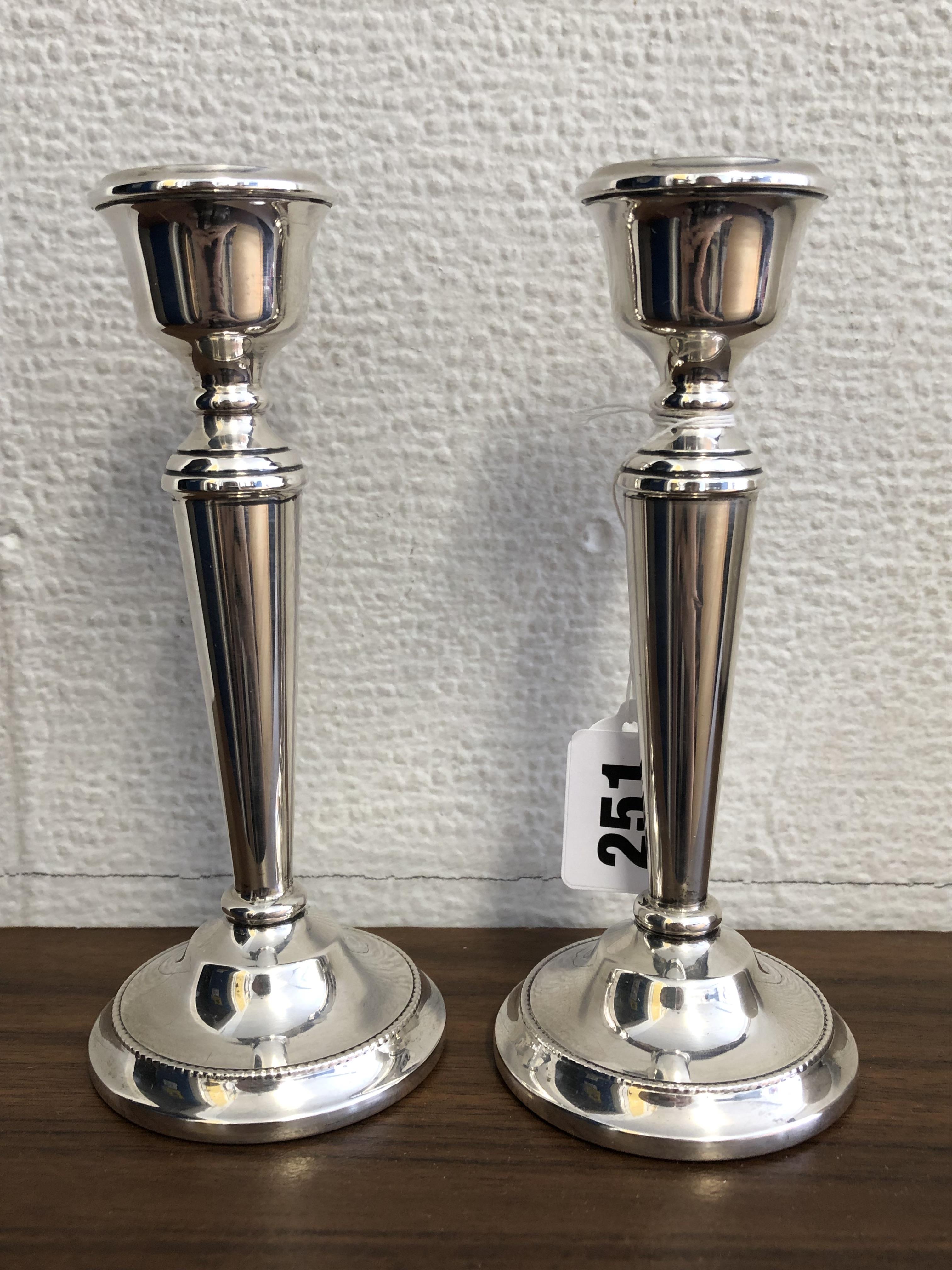 PAIR OF SILVER TAPERED DWARF CANDLESTICKS,