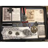 TRAY OF GERMAN POST AND WWII MILITARY INSIGNIA, MEDALS,