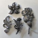 SILVER AND RHODIUM PLATED MARCASITE FLOWER PETAL AND FLORAL SPRAY LAPEL BROOCHES