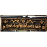 CHINESE SILK AND GOLD THREAD EMBROIDERED PANEL DEPICTING EMPEROR AND COURTESANS IN A PROCESSION