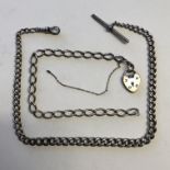 SILVER GRADUATED LINK ALBERT CHAIN AND T BAR AND A SILVER LINK BRACELET WITH HEART PADLOCK