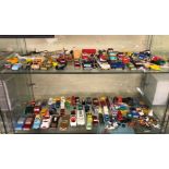 TWO SHELVES OF PLAYWORN DIECAST MODEL TOYS INCLUDING CORGI, LESNEY - FIRE ENGINES,