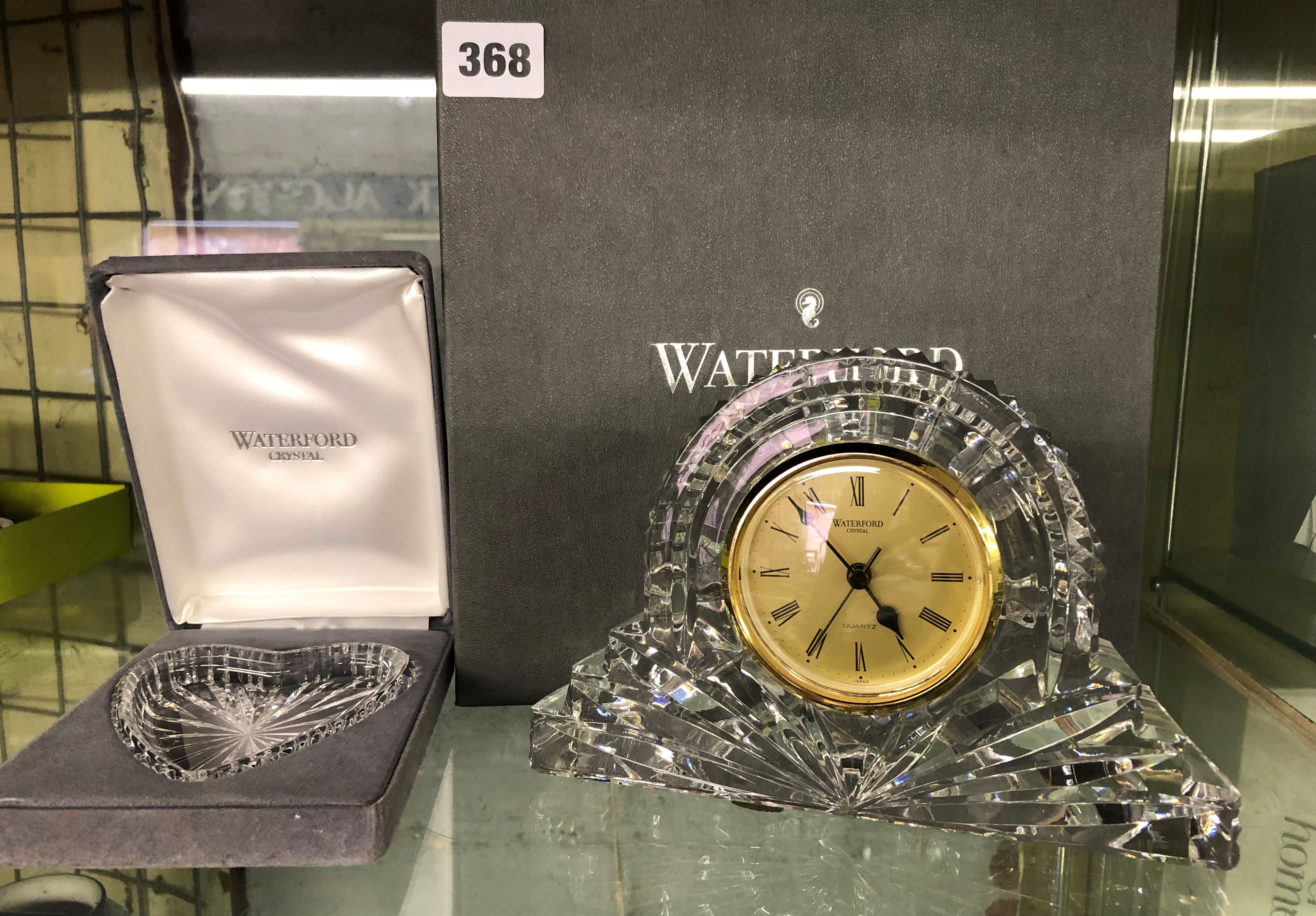 BOXED WATERFORD IRISH CRYSTAL BATTERY-OPERATED QUARTZ MANTEL CLOCK AND A BOXED WATERFORD IRISH