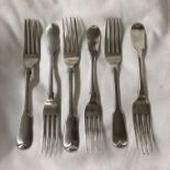 MATCHED SET OF SIX LONDON SILVER FIDDLE BACK FORKS, THREE GEORGIAN, THREE VICTORIAN 9.