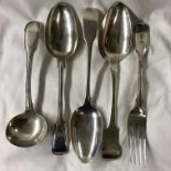 TWO GEORGIAN SILVER TABLE SPOONS, A VICTORIAN TABLE SPOON AND FORK AND A SOUP LADLE 13.