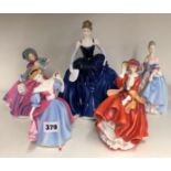 FOUR ROYAL DOULTON BOXED PRETTY LADIES SERIES BONE CHINA FIGURINES INCLUDING TOP OF THE HILL,