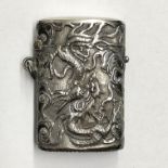 CHINESE WHITE METAL VESTA CASE DECORATED WITH FOLIAGE AND A DRAGON