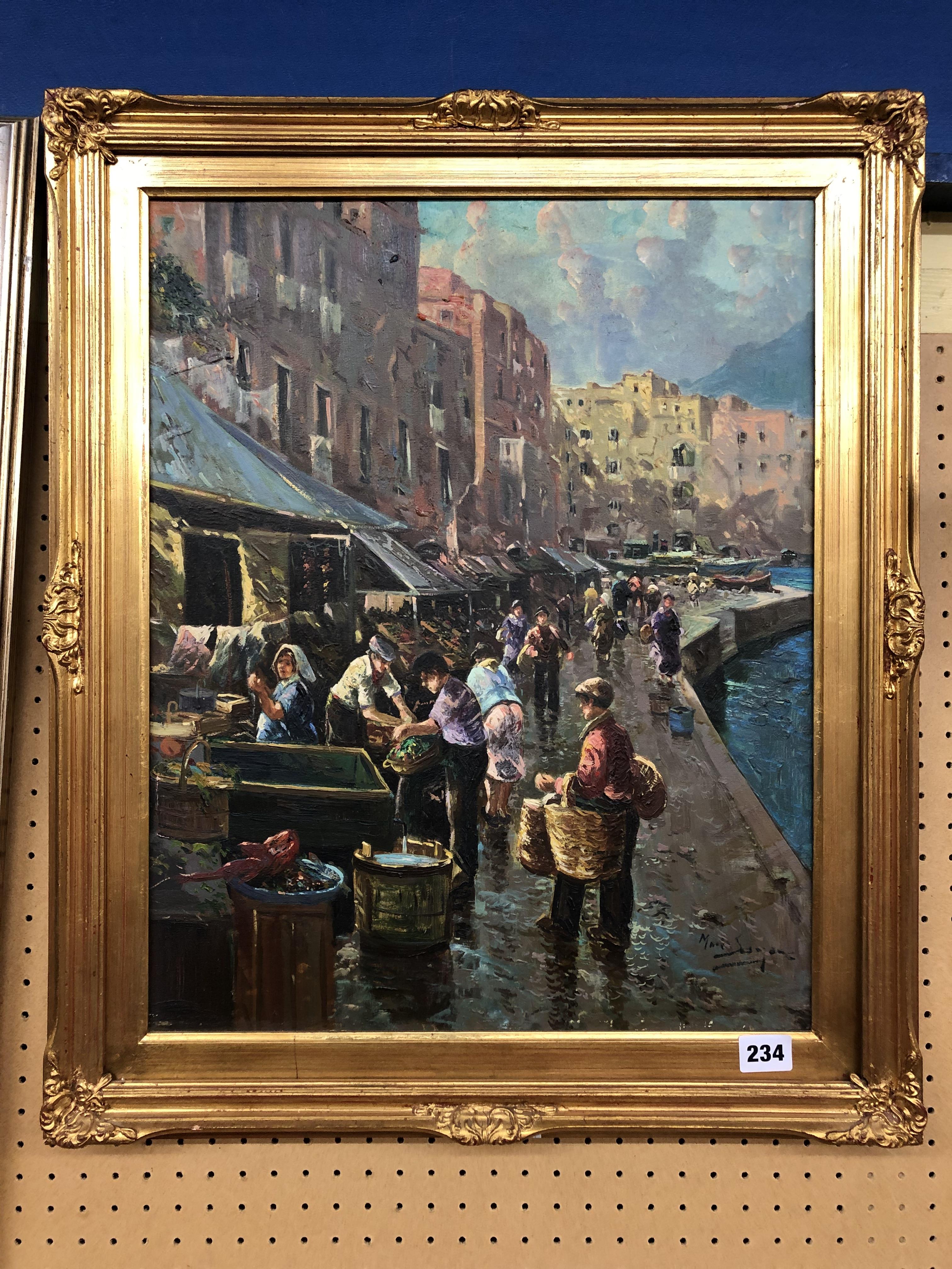 OIL ON CANVAS IN GILT FRAME OF A MEDITERRANEAN HARBOUR SCENE,