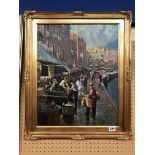 OIL ON CANVAS IN GILT FRAME OF A MEDITERRANEAN HARBOUR SCENE,