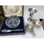 CASED CUT GLASS PRESERVE DISH AND SILVER KNIFE, A SILVER SQUAT TRUMPET SPILL VASE,