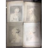 SET OF SIX 19TH CENTURY FEMALE PENCIL PORTRAITS ON PAPER IN HEIGHTENED IN RED CRAYON 21CM X 26CM