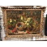 19TH CENTURY OIL ON CANVAS IN ORNATE GILT FRAME BY OLIVER CLARE DEPICTING BIRD'S NEST AND FRUIT ON