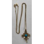 9CT GOLD FILLIGRY TURQUOISE AND SEED PEARL PENDANT ON FLAT CURB LINK CHAIN 3G APPROX