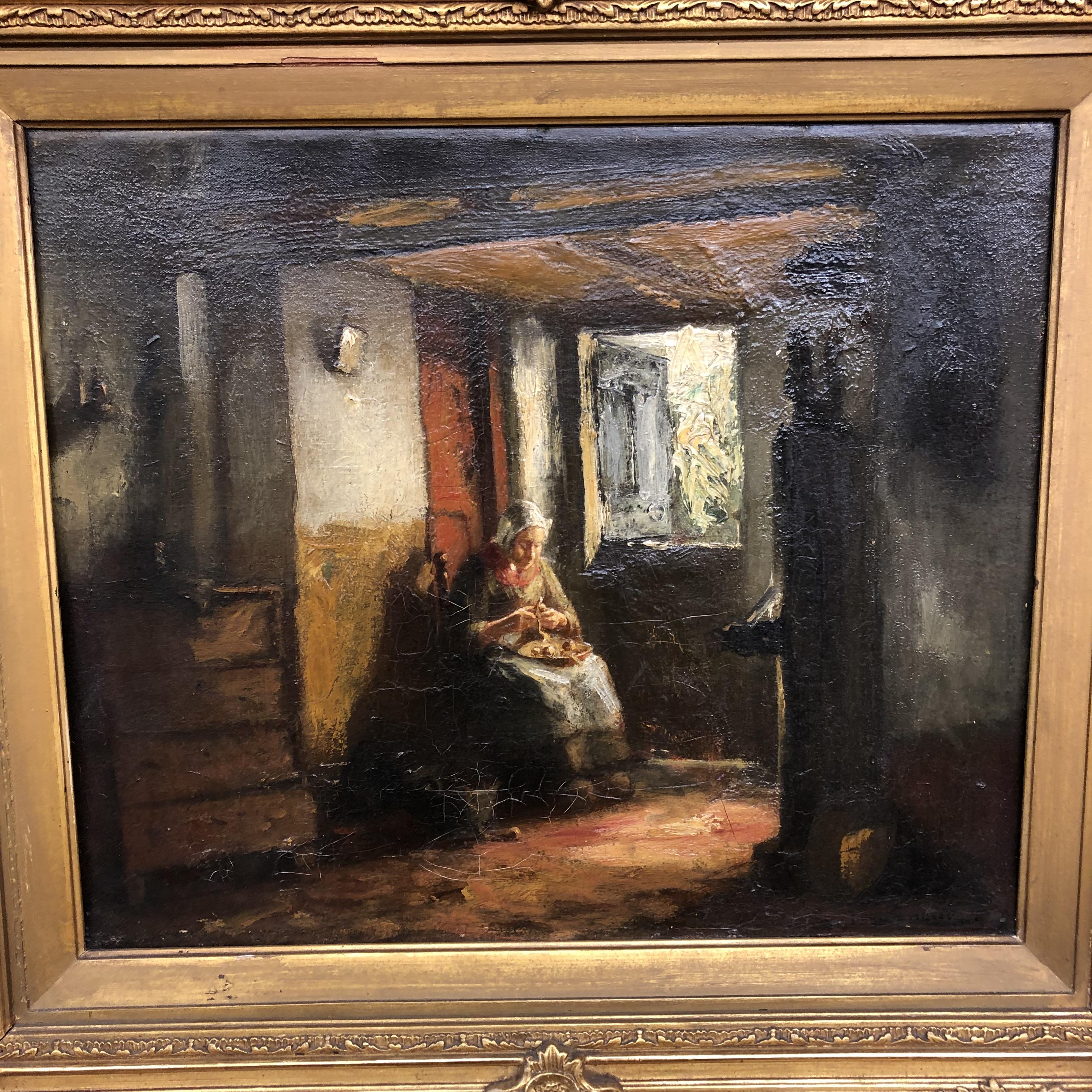19TH CENTURY DUTCH SCHOOL- OIL ON CANVAS OF A SEATED ELDERLY LADY PEELING POTATOES IN AN INTERIOR - Image 3 of 5