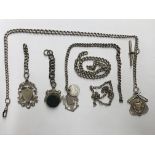 SILVER ALBERT CHAIN WITH T BAR AND FOB, ANOTHER WITH FOB, A BLOOD STONE SWIVEL AND OTHER CHAIN 3.