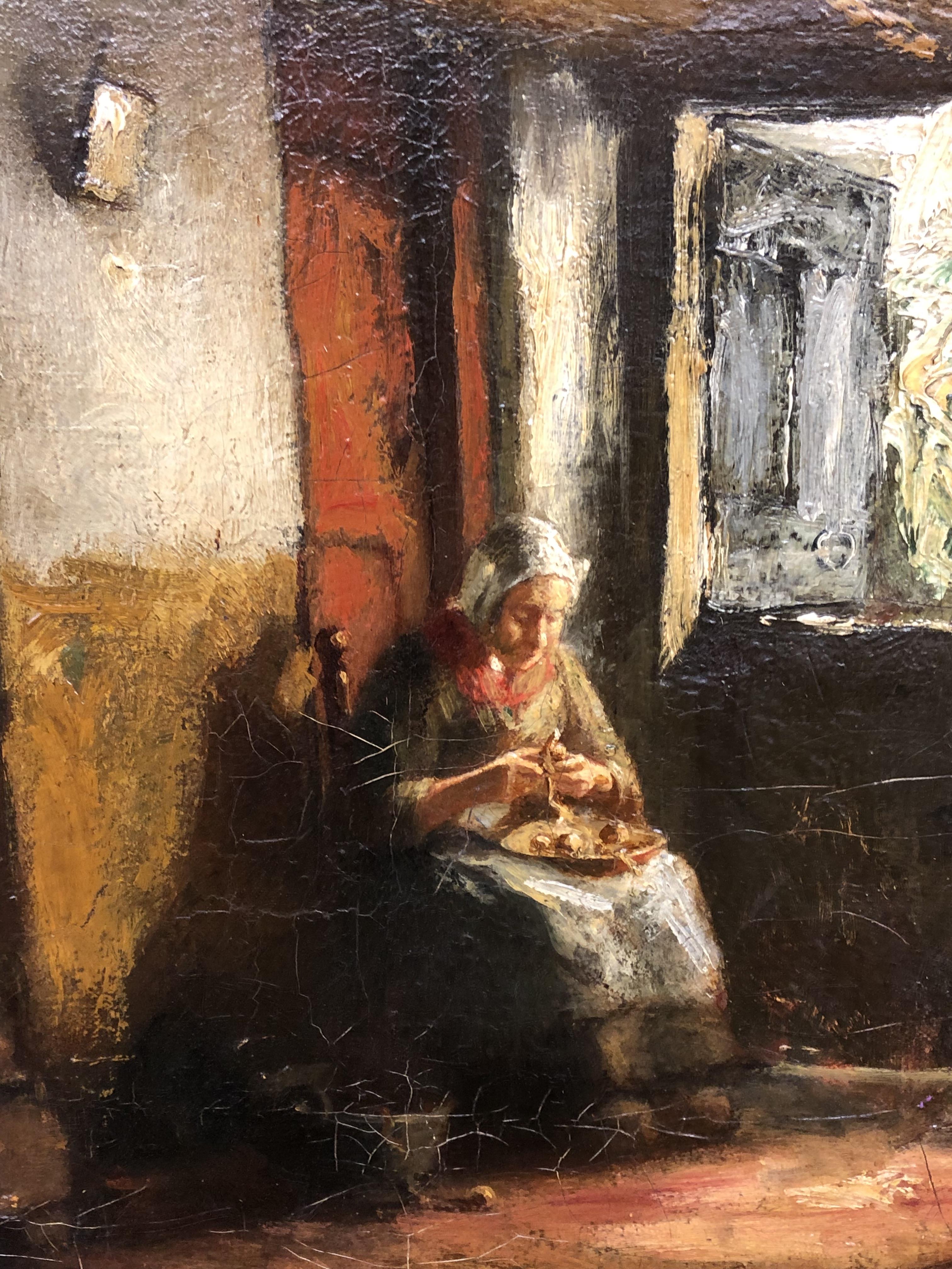 19TH CENTURY DUTCH SCHOOL- OIL ON CANVAS OF A SEATED ELDERLY LADY PEELING POTATOES IN AN INTERIOR - Image 4 of 5