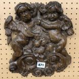 19TH CENTURY CARVING OF CHERUBS WITH OAK CREST 25CM W X 28CM H APPROX