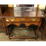 17TH CENTURY OAK SINGLE DRAWER SIDE TABLE ON TURNED LEGS HAVING WOODEN STRETCHERS AND PENDANT APRON