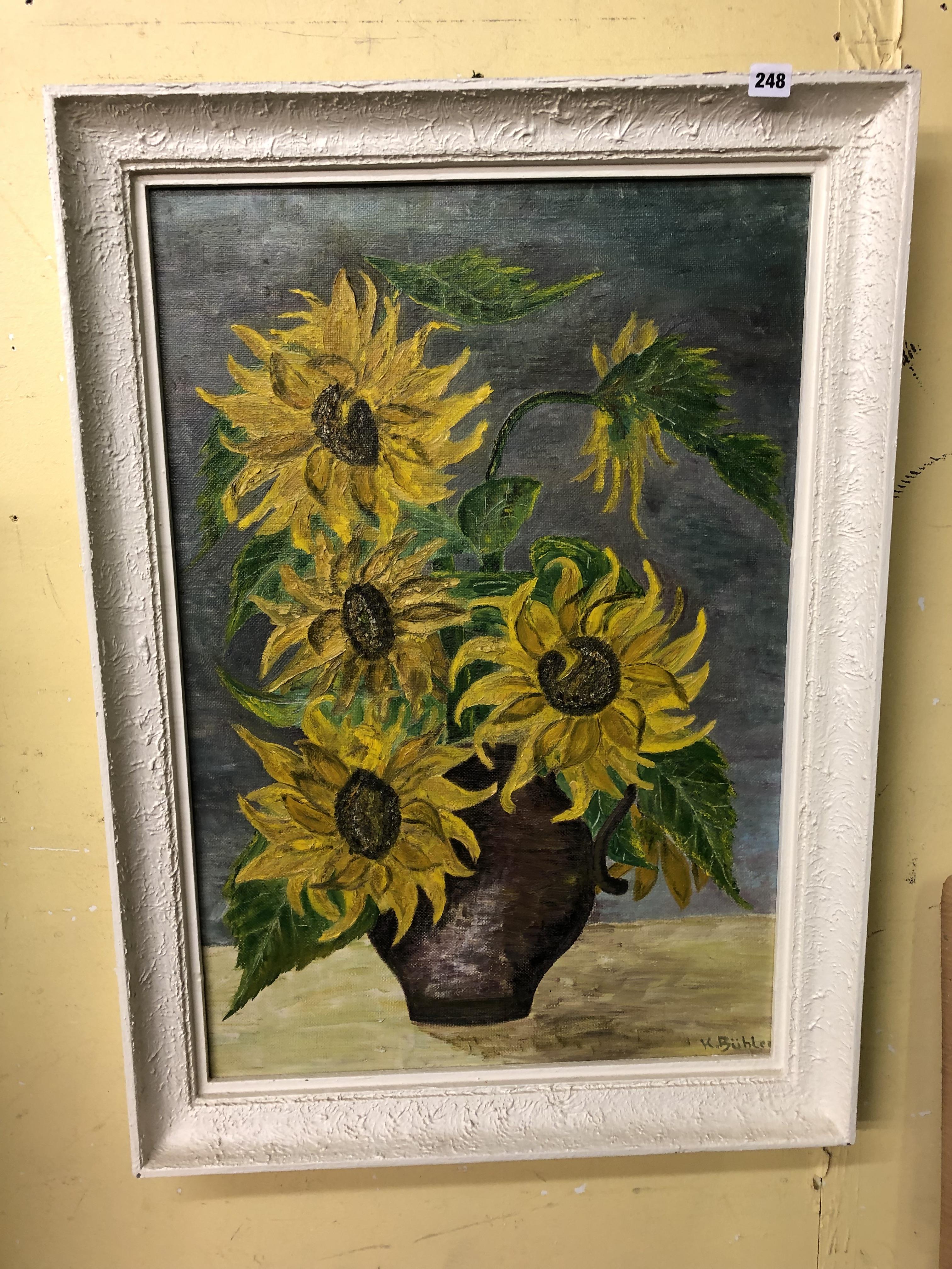 20TH CENTURY CONTINENTAL OIL ON BOARD OF SUNFLOWERS SIGNED H.