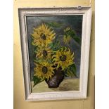 20TH CENTURY CONTINENTAL OIL ON BOARD OF SUNFLOWERS SIGNED H.