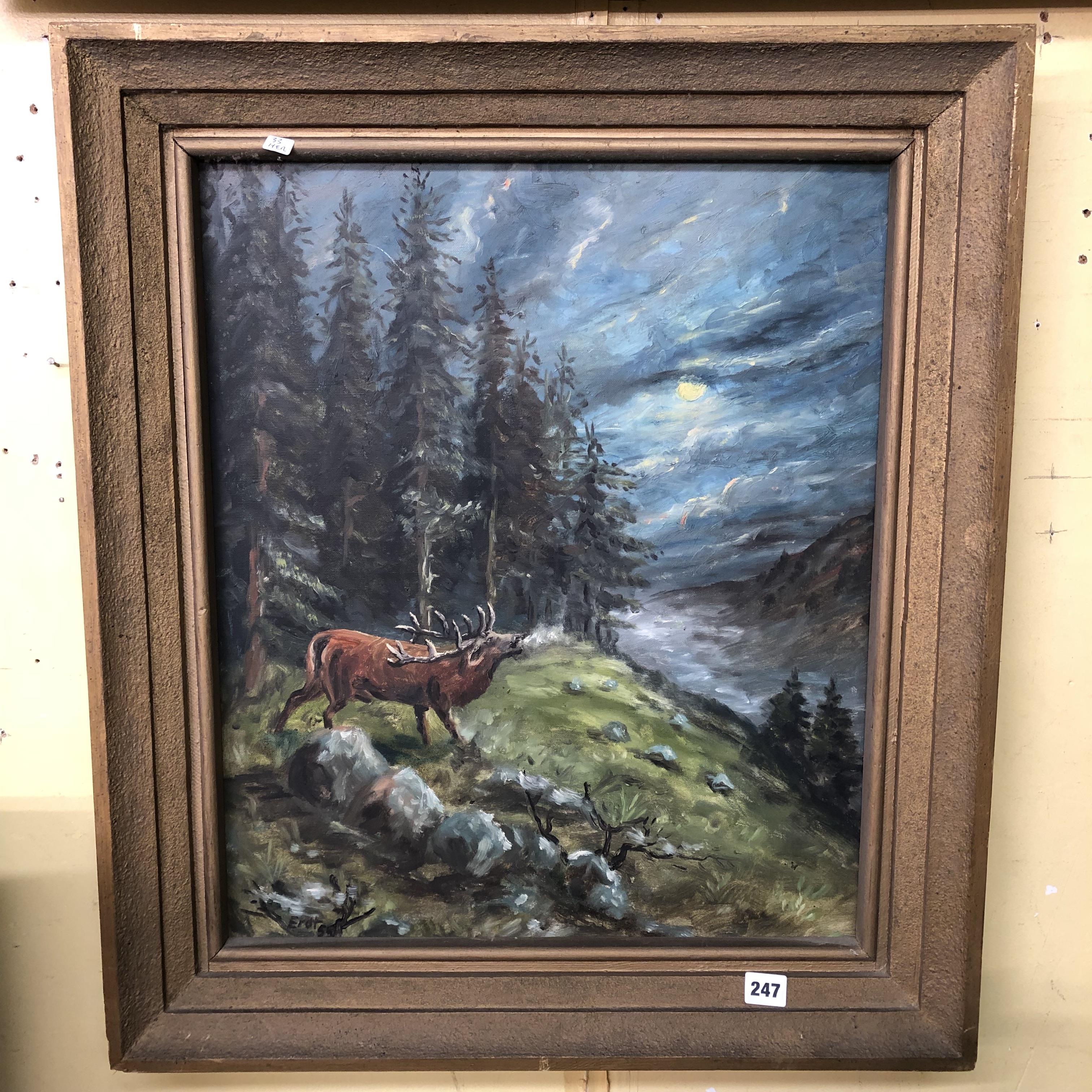 OIL ON CANVAS OF A STAG IN THE FOREST SIGNED EROTS IN A GILT FRAME 47CM X 57CM APPROX