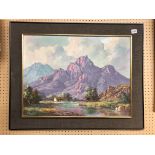 OIL ON BOARD OF A MOUNTAINOUS LANDSCAPE SHOWING COTTAGES AND A RIVER SCENE BY DINO PARAVANO,