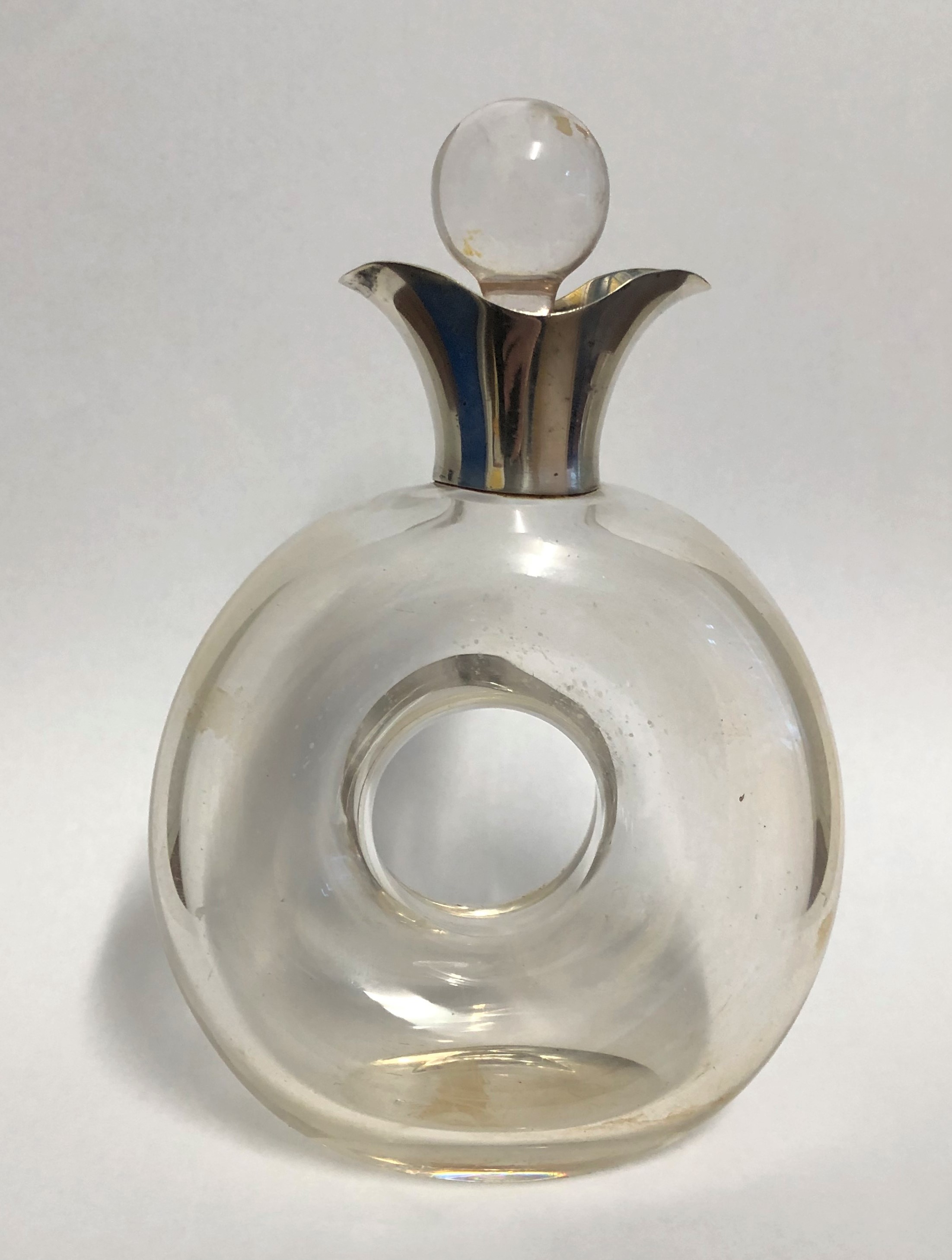 SILVER MOUNTED CIRCULAR DECANTER/COLOGNE BOTTLE AND STOPPER