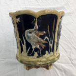 MAJOLICA GLAZED PLANTER DECORATED WITH PANELS OF HERONS A/F