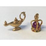 9CT GOLD NOVELTY CORONATION CROWN CHARM AND AN ARABIAN OIL LAMP CHARM 4.7G APPROX.