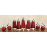 FOUR CRANBERRY RED TAPERED SILVER TOPPED CONDIMENTS 1 ONE A/F,