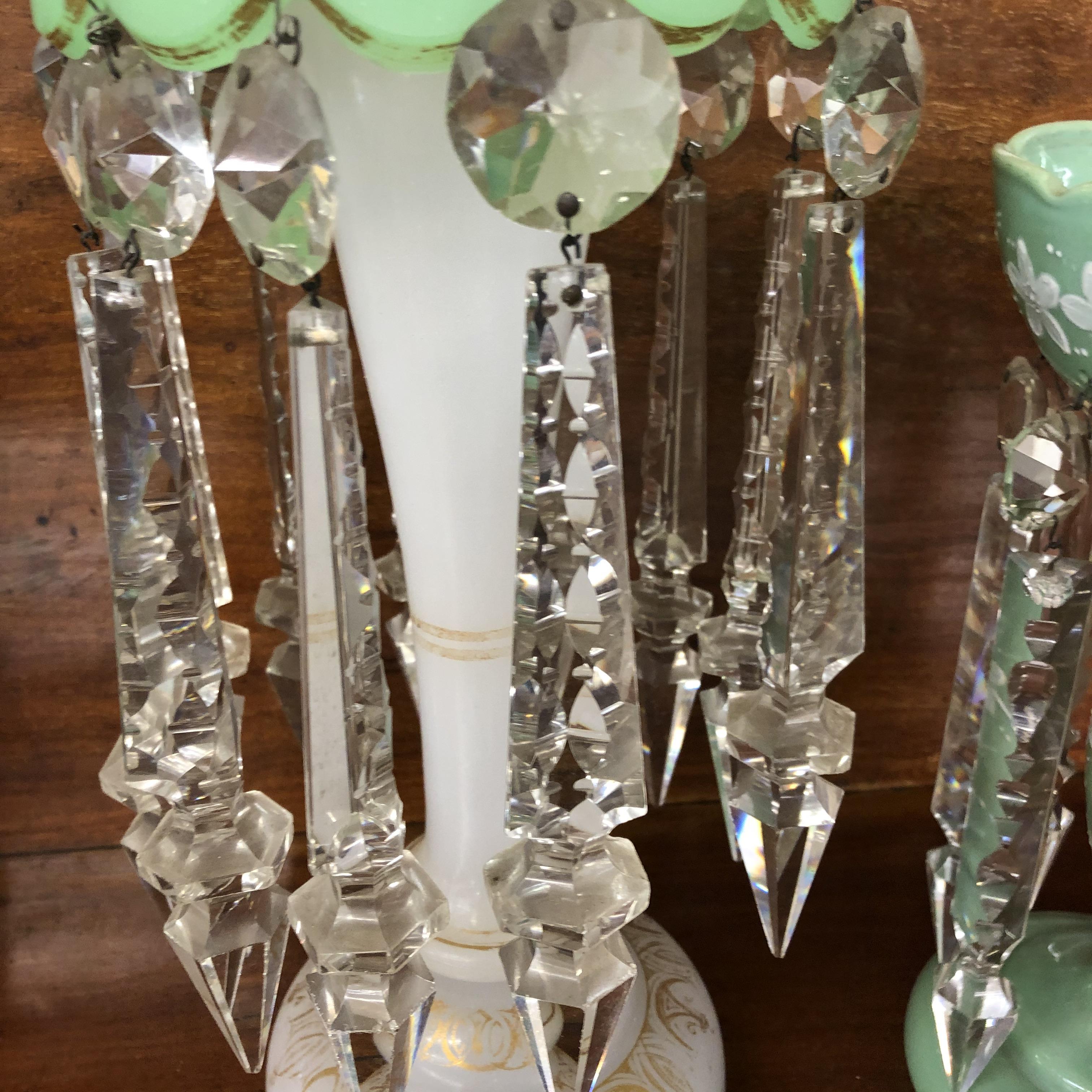 OPALINE AND GREEN GILDED GLASS LUSTRE WITH DROPPERS AND A GREEN LUSTRE WITH OPAQUE PAINTED - Image 2 of 2