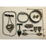 ART DECO MARCASITE DRESS JEWELLERY INCLUDING LAPIZ LAZULI AND MALACHITE INSET BROOCH