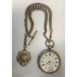 A CHESTER SILVER CASED POCKET WATCH WITH SILVER ALBERT CHAIN ,